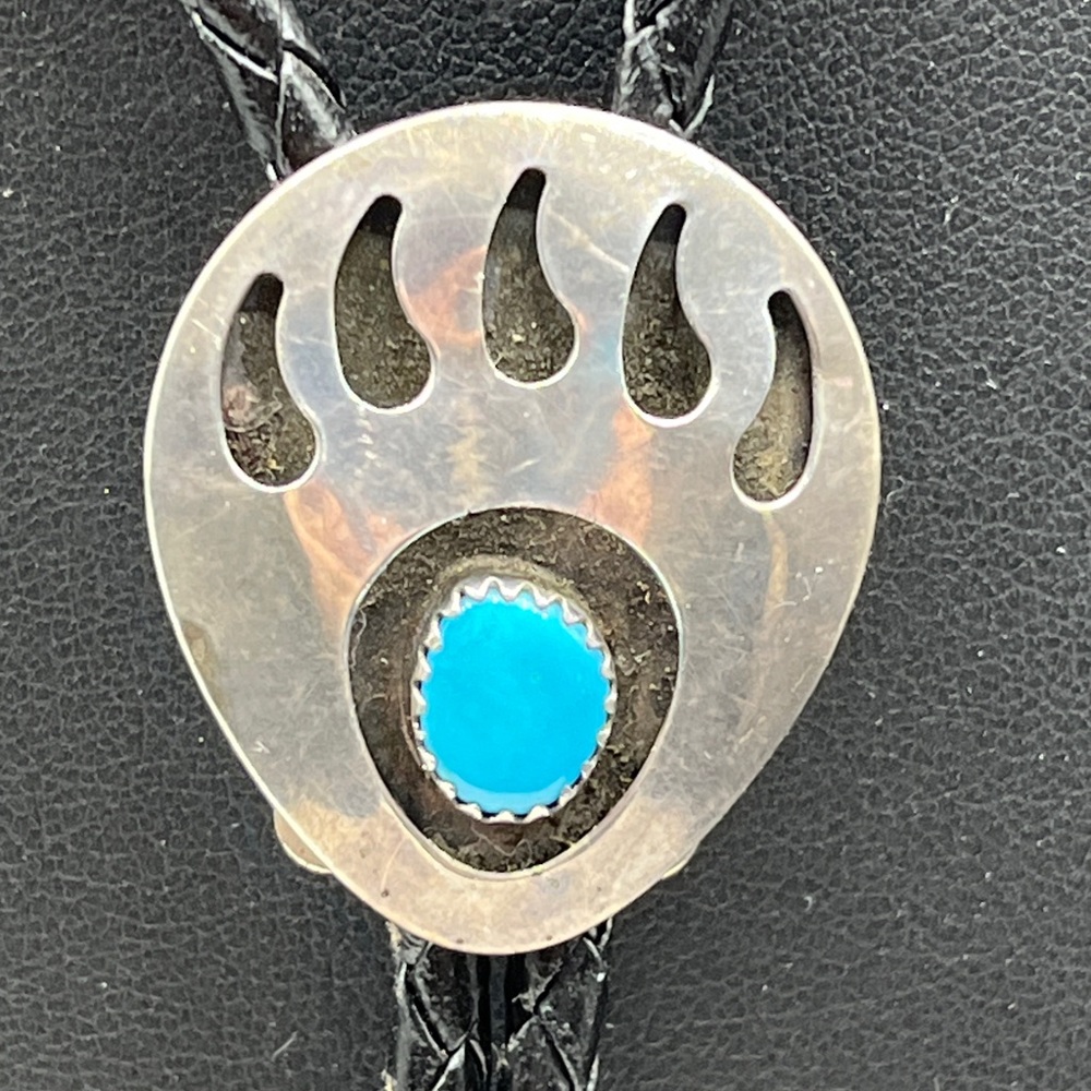 Sterling silver Turquoise Native American Bear Paw Bolo Tie - Picture 5 of 10